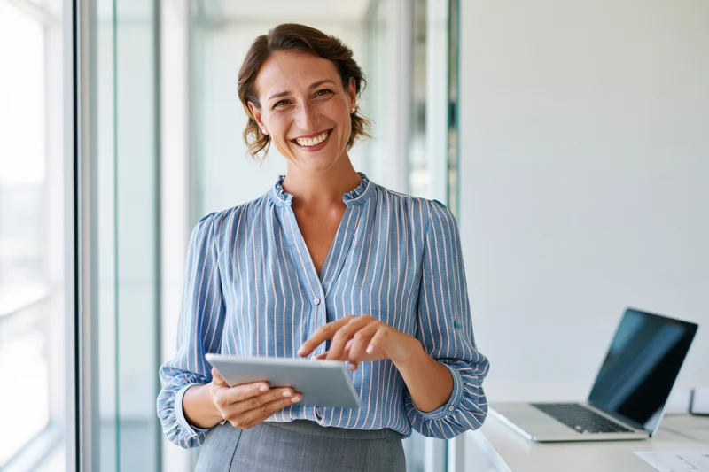 Smiling woman holding tablet in bright modern office with laptop on desk