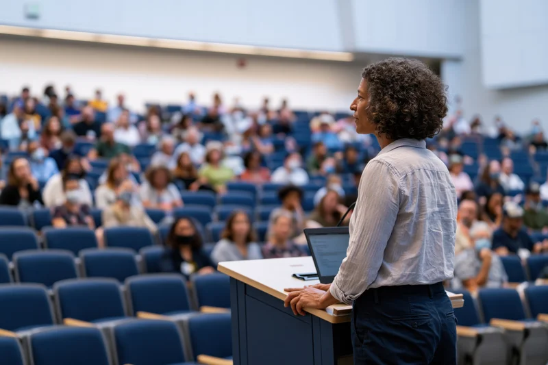 Woman speaker at podium addressing audience in lecture hall