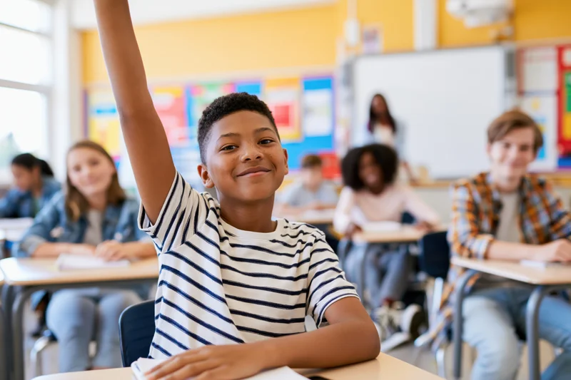 Young africanamerican boy raising hand at desk in classroom