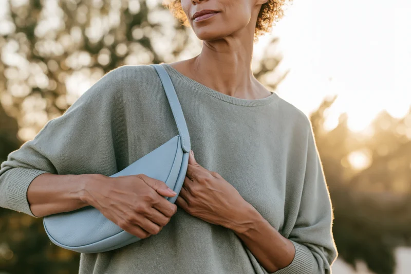 Woman holding light blue handbag over shoulder in outdoor setting at golden hour