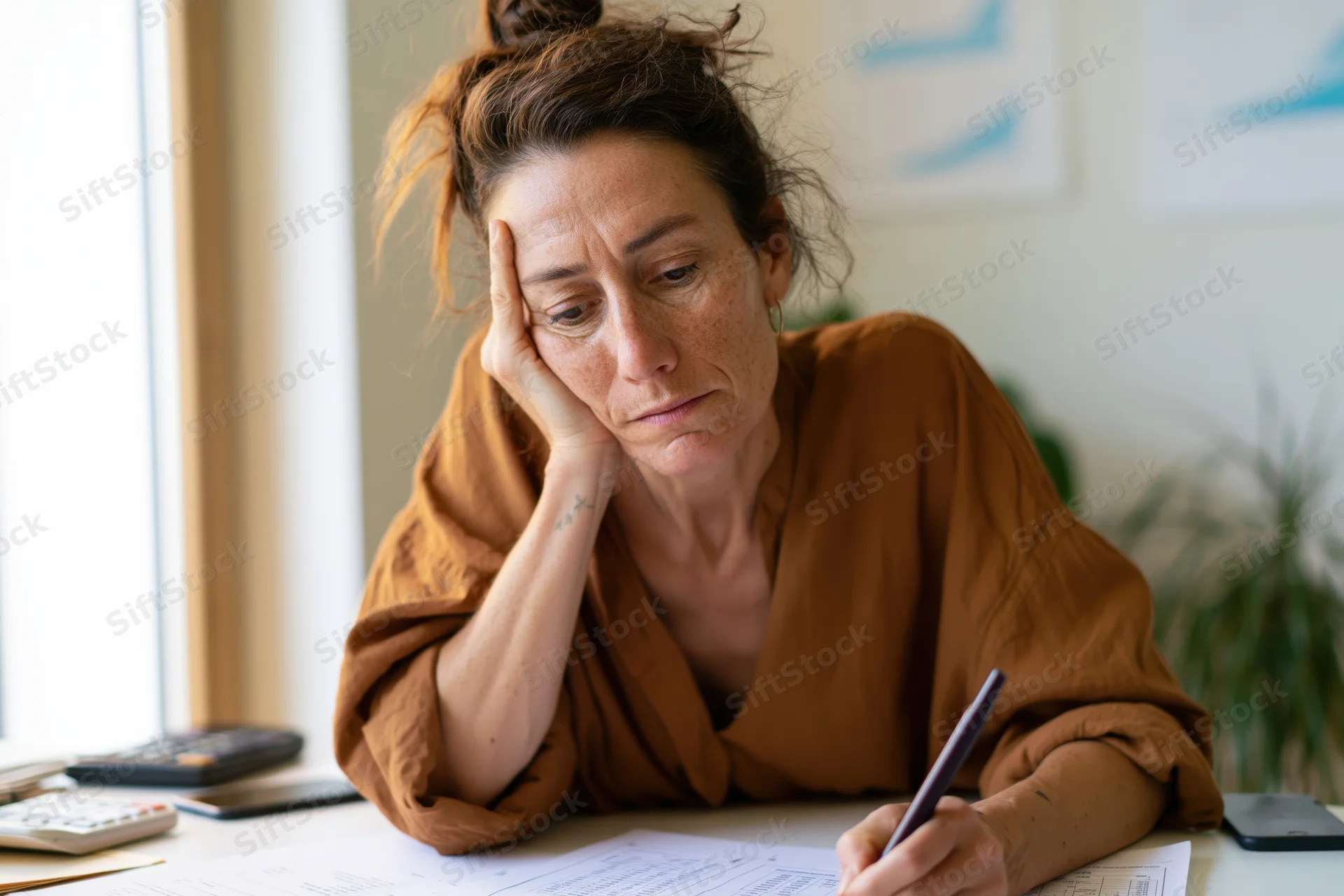 Woman resting head on hand while writing on paperwork at desk