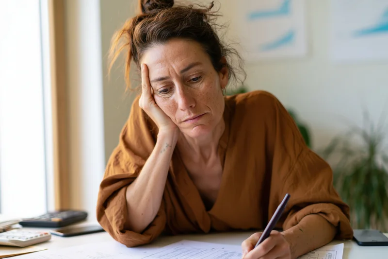 Woman resting head on hand while writing on paperwork at desk