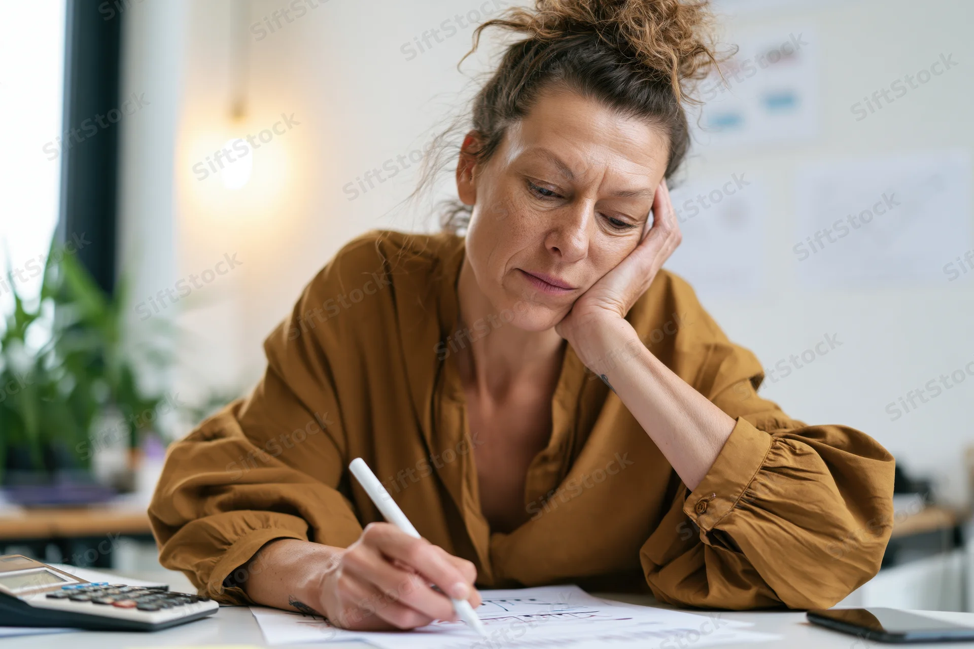 Woman writing on document at desk with hand on cheek, focused and pensive in office setting