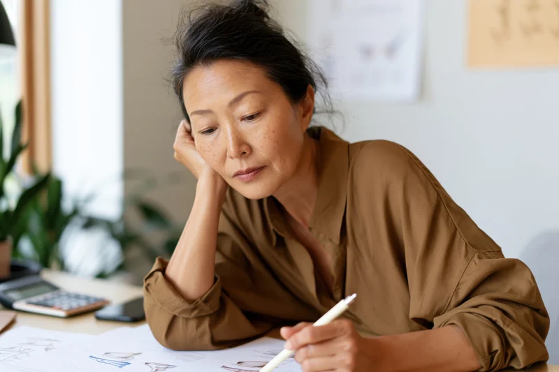 Woman sketching fashion designs at her desk in a studio office