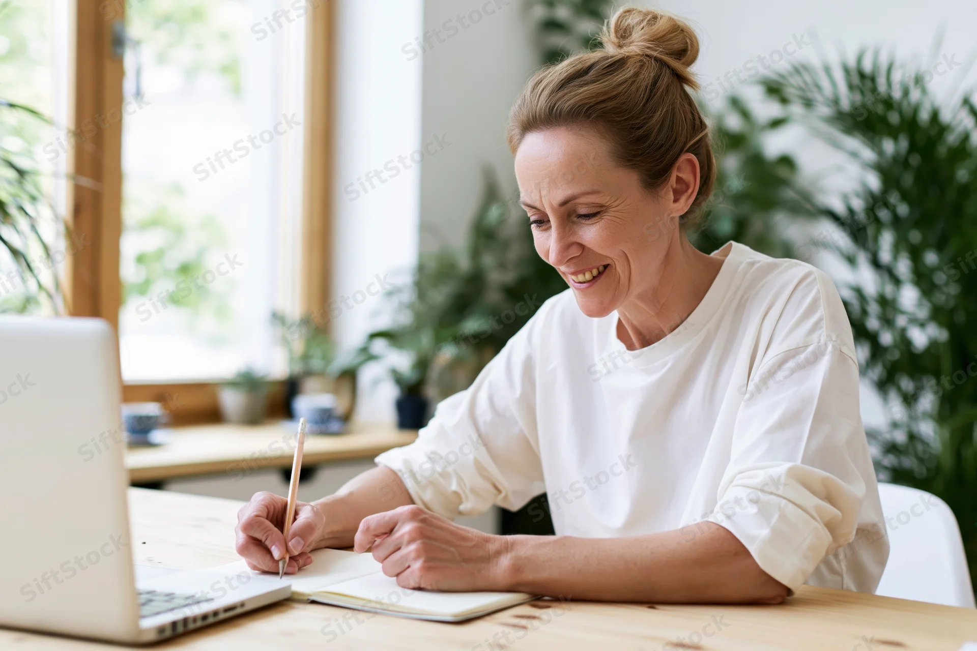 Woman smiling while writing in a notebook beside a laptop at a wooden desk