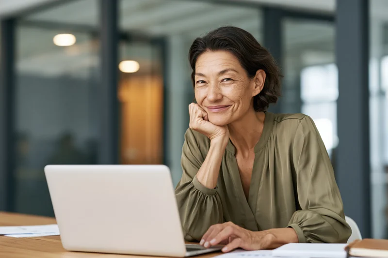 Woman smiling at laptop while sitting at wooden desk in modern office