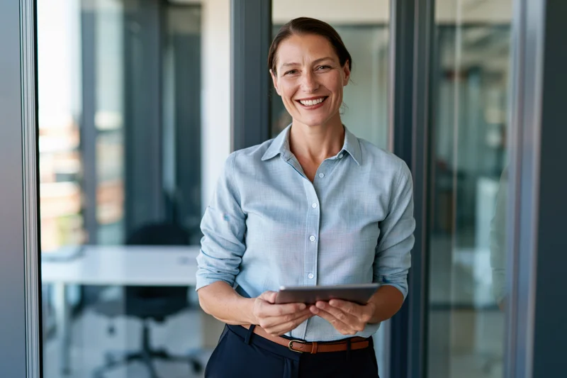 Woman smiling while holding tablet in modern office interior