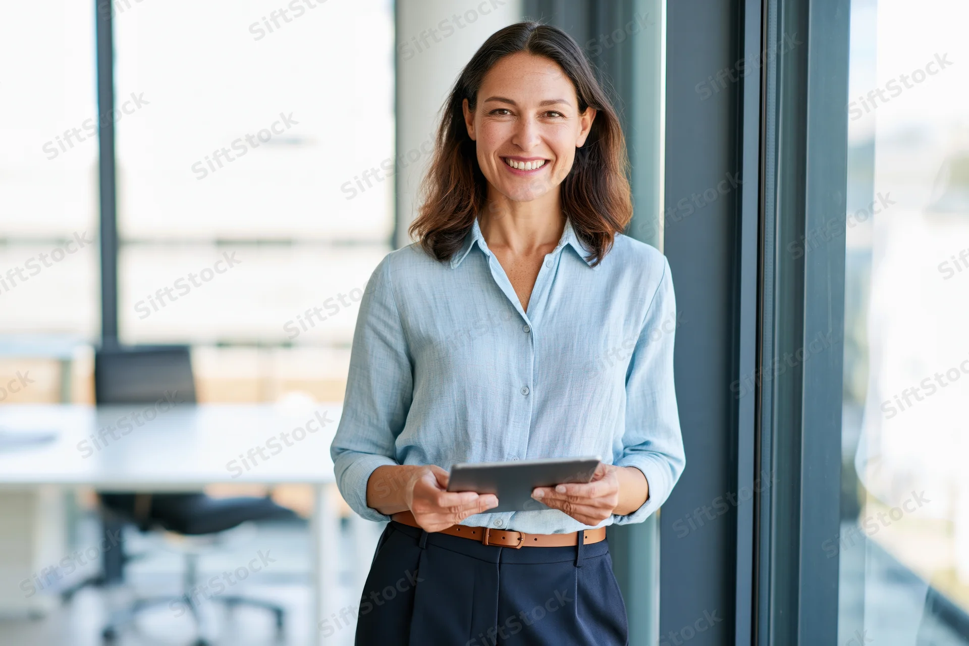 Woman smiling while holding tablet by large glass window in modern office