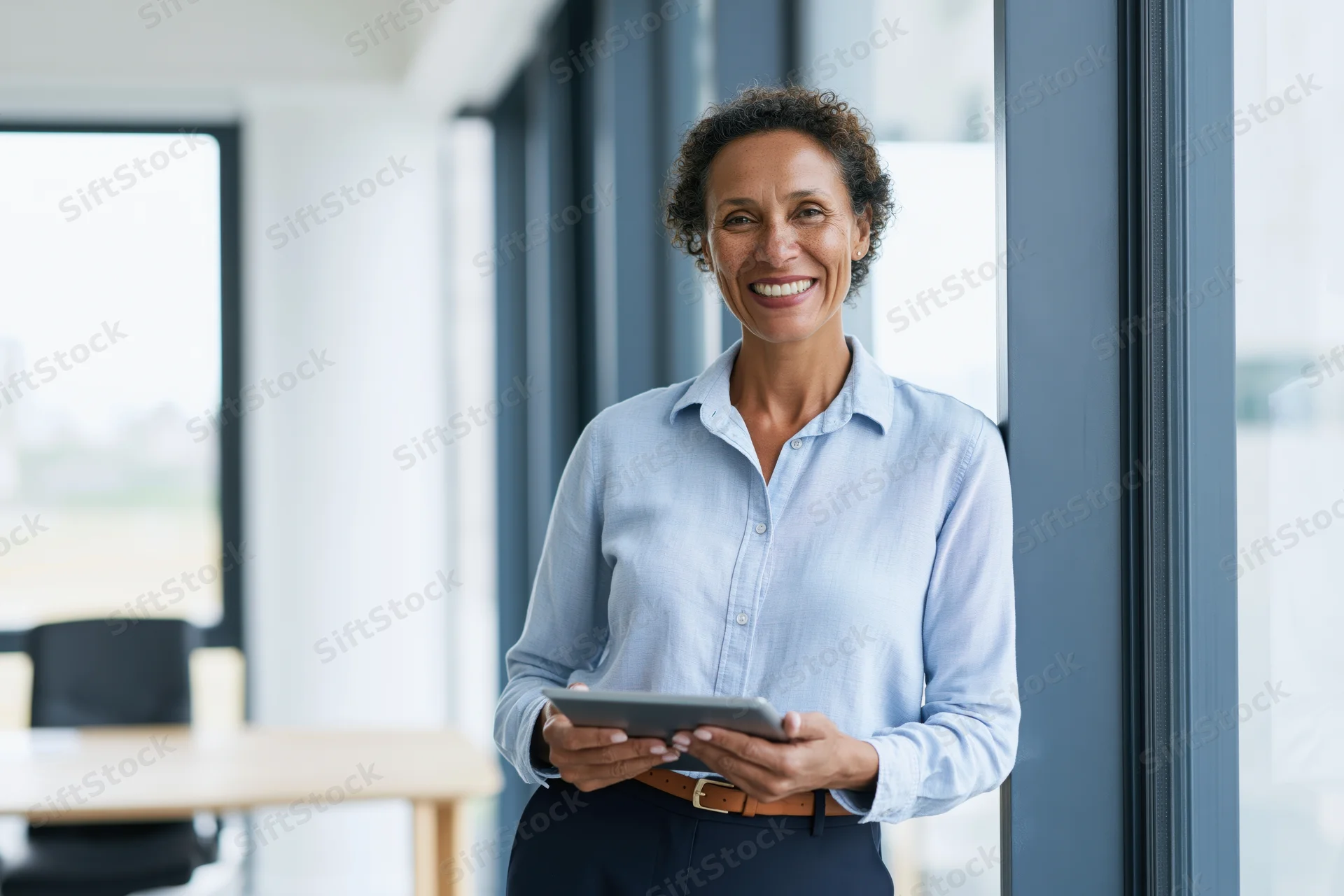 Woman smiling while holding tablet in office near large glass window