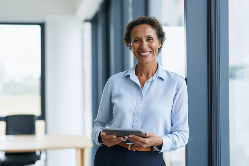 Woman smiling while holding tablet in office near large glass window