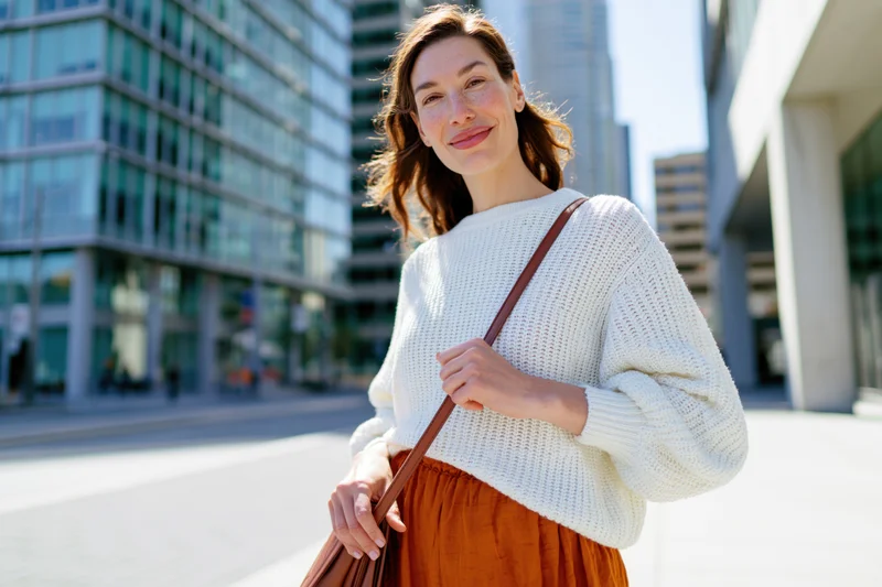 Woman smiling while standing on a sunlit city sidewalk wearing a white sweater and brown skirt with a crossbody bag