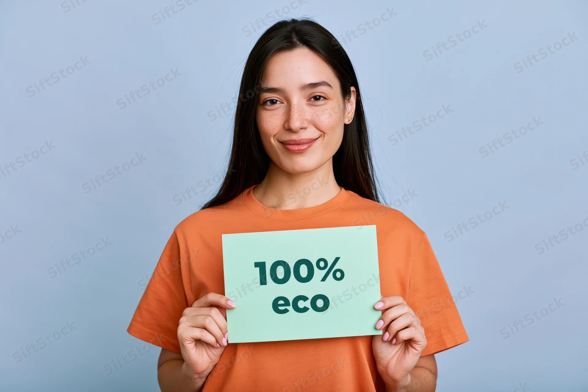 Woman holding a sign reading 100% eco while smiling at the camera in an orange tshirt against a light blue background