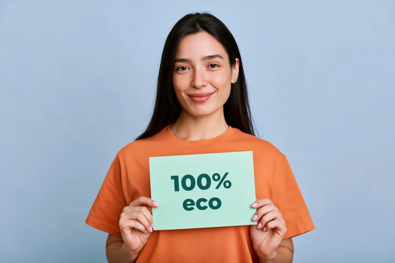 Woman holding a sign reading 100% eco while smiling at the camera in an orange tshirt against a light blue background