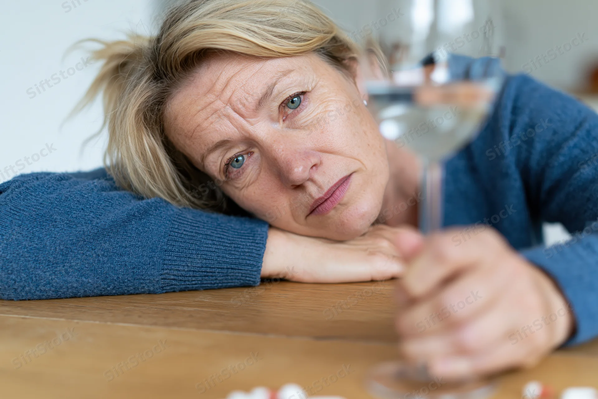 Middleaged woman resting her head on a wooden table while holding a wine glass, looking sad and tired