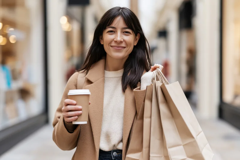 Woman smiling while holding coffee and shopping bags on city sidewalk