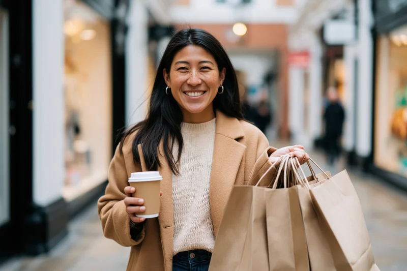 Woman smiling while holding shopping bags and a coffee cup on a city street