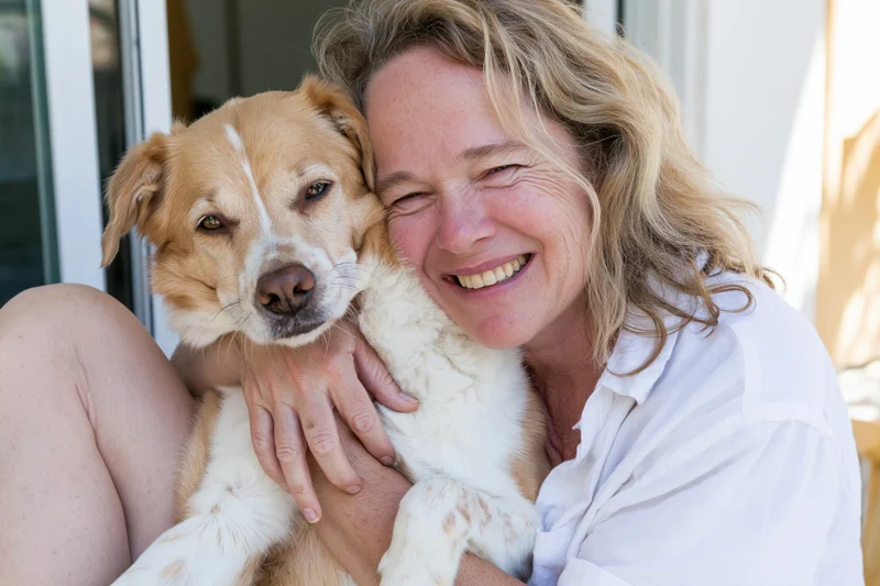 Woman smiling while hugging a tan and white dog on her lap outdoors