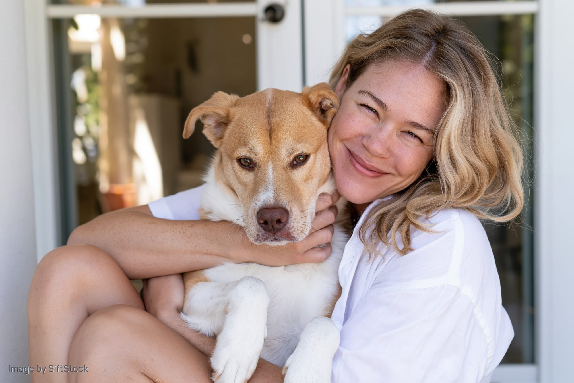 Woman hugging a tan and white dog on a porch outside her home