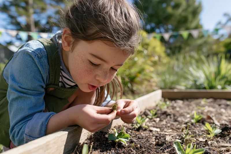 Young girl examining a small plant in a wooden raised garden bed outdoors