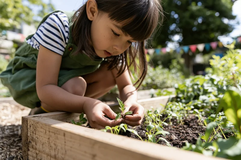 Young girl crouching beside wooden raised garden bed planting seedlings in soil outdoors