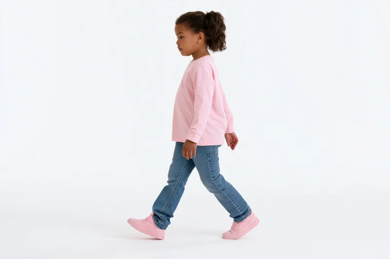 Young girl walking in profile against white background wearing pink tshirt and jeans