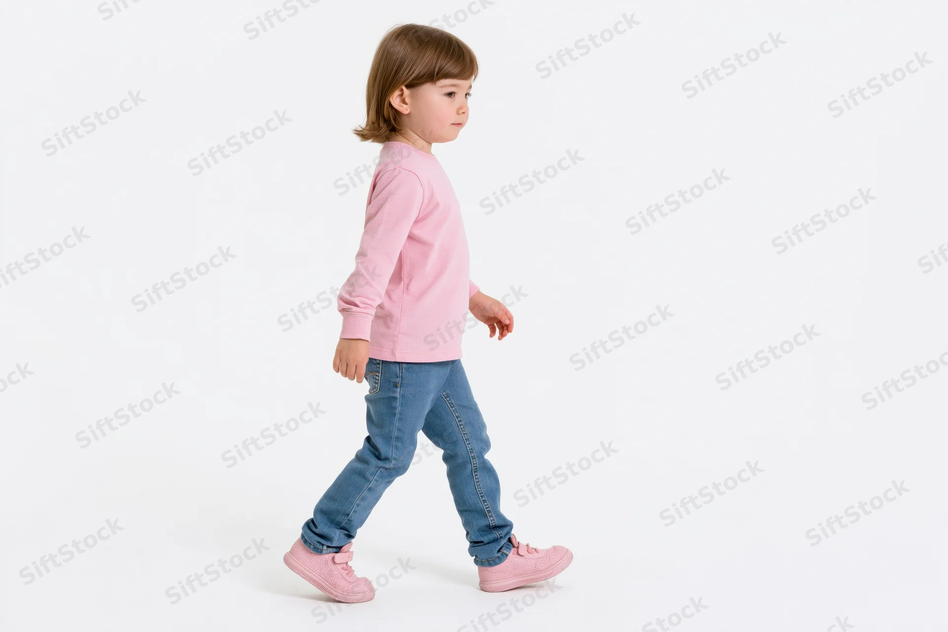 Young girl walking in profile against white background wearing pink shirt and jeans