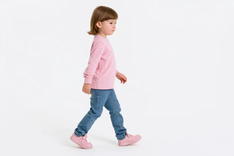 Young girl walking in profile against white background wearing pink shirt and jeans