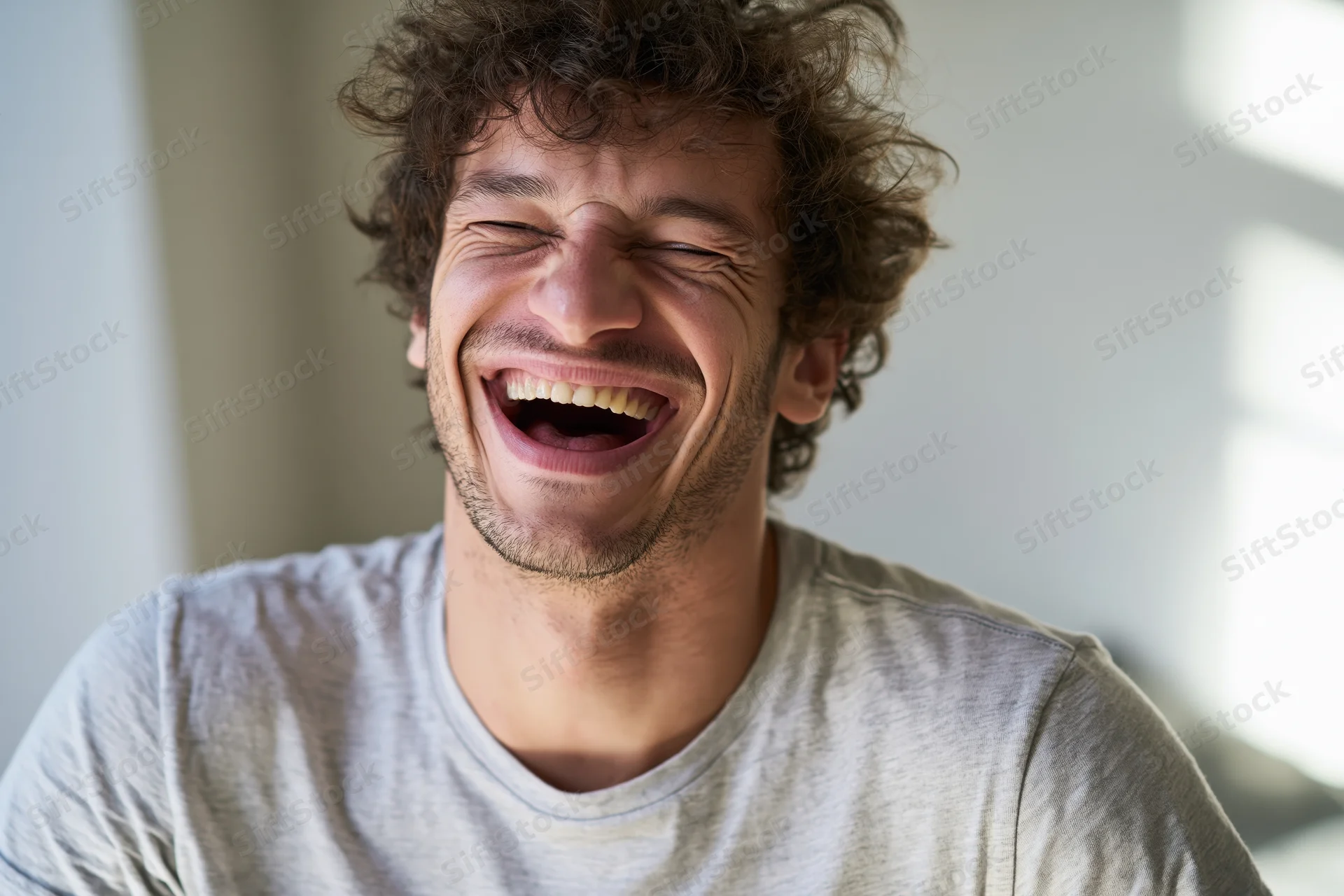 Young man laughing with mouth open and eyes squinting indoors