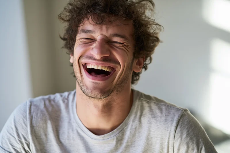 Young man laughing with mouth open and eyes squinting indoors