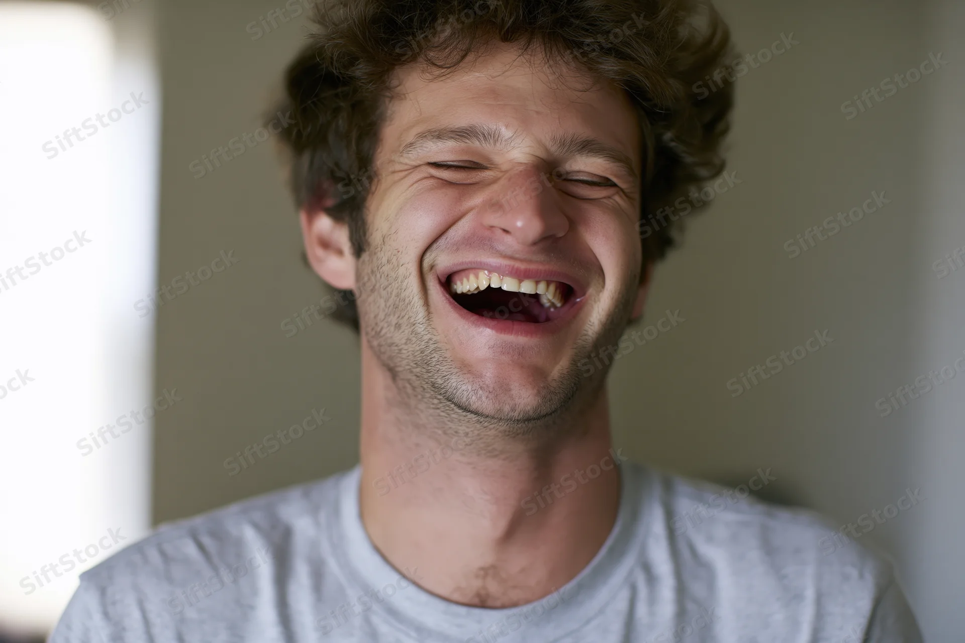 Young man laughing with mouth open and eyes squinting indoors