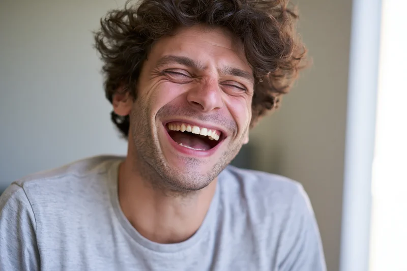 Young man laughing with mouth open and eyes squinting indoors