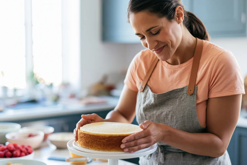 Woman smiling while holding a cake on a stand in a kitchen