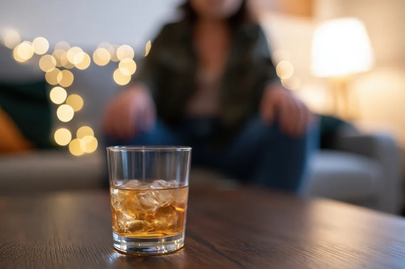 Whiskey with ice in a glass on a wooden table with a woman sitting on a couch in the background