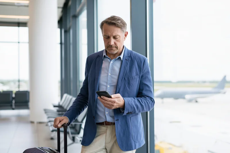 Man in blue blazer checking smartphone while standing by airport window with luggage