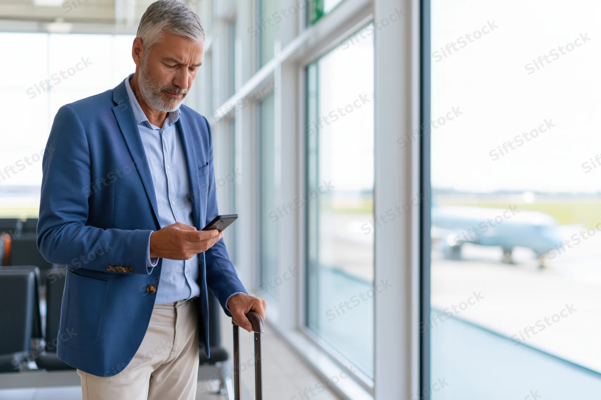 Mature man in blue blazer checking smartphone while waiting at airport terminal window with luggage