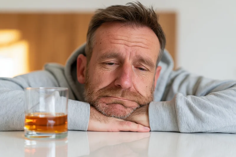 Man resting forehead on hands with glass of whiskey on table at home
