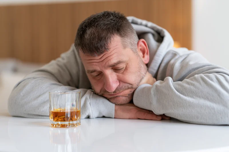 Man in gray hoodie resting forehead on table beside glass of whiskey