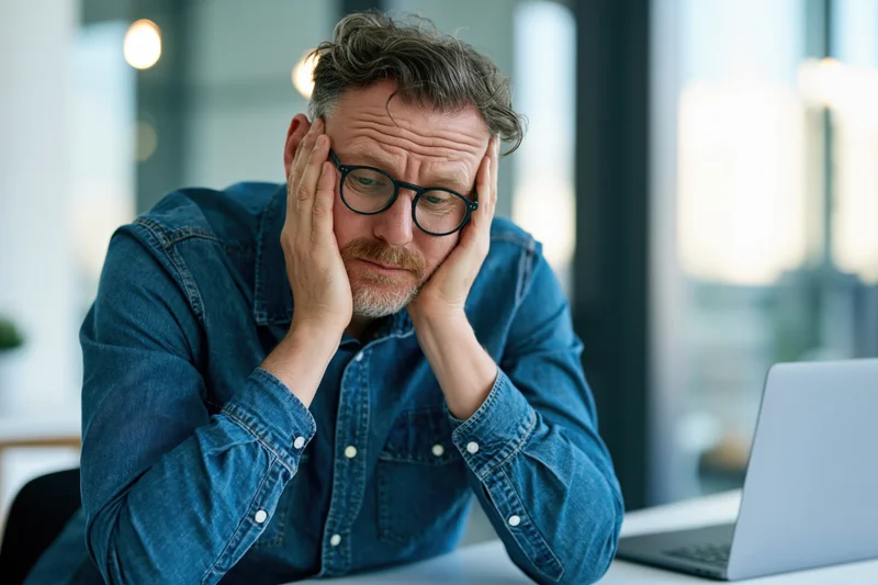 Man with hands on head looking tired at laptop in office