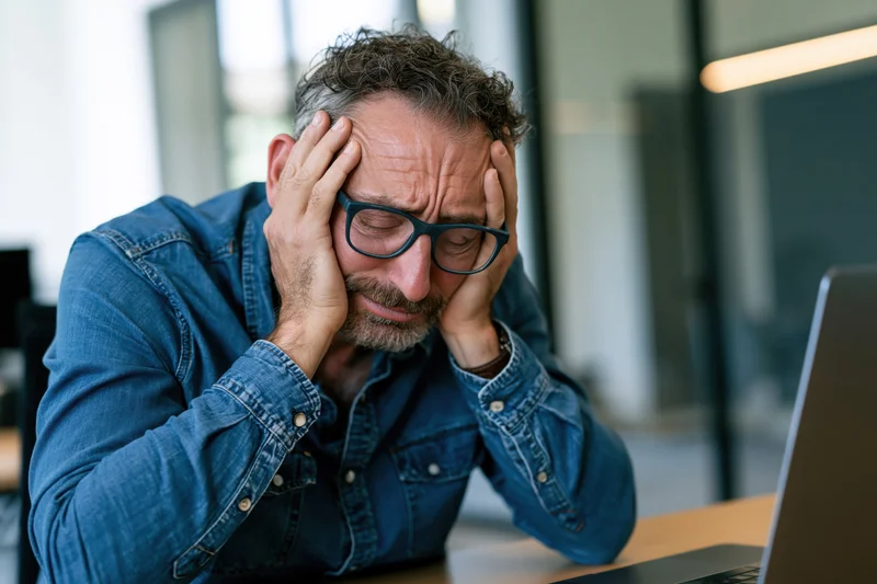 Man holding head in hands at desk with laptop in office