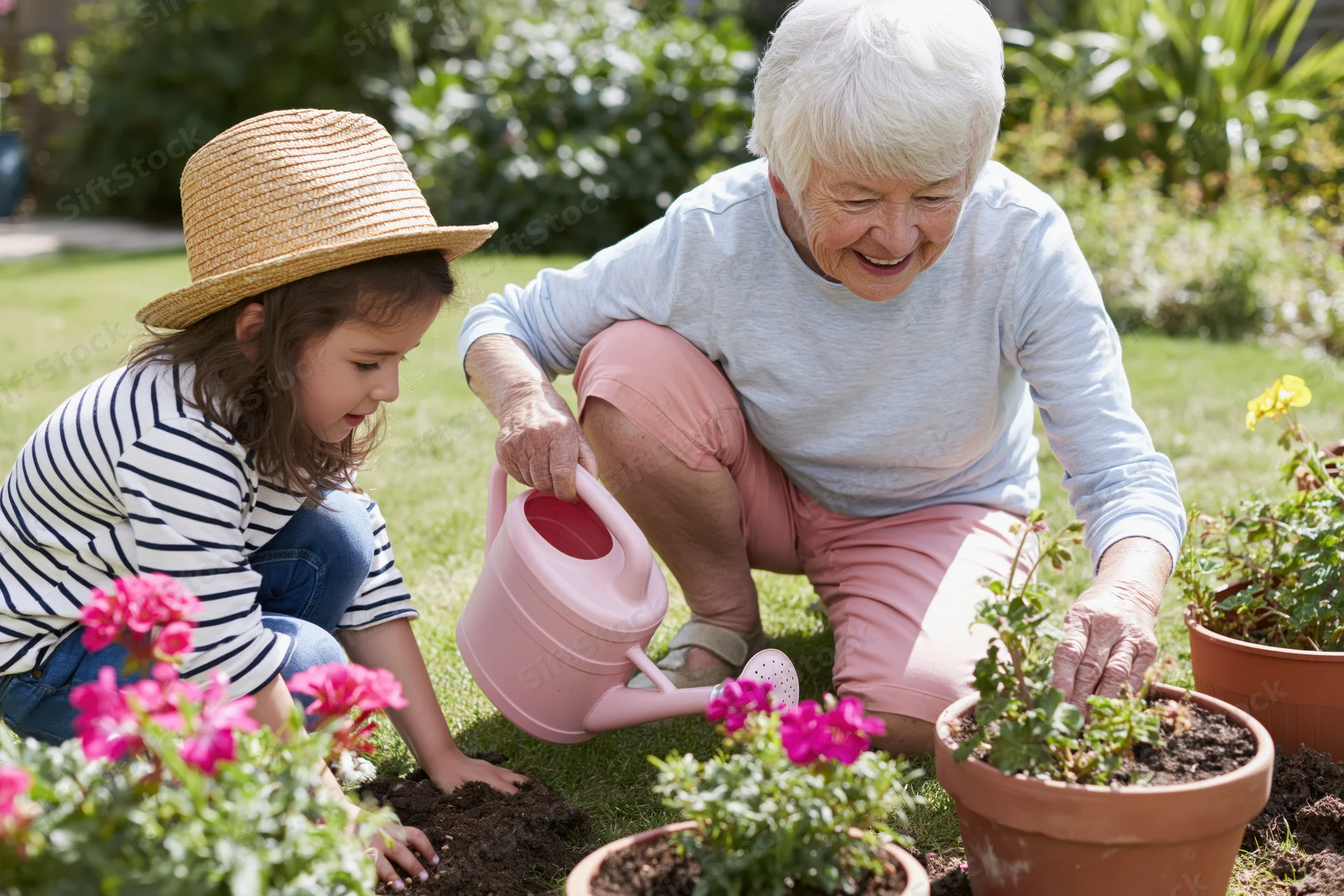 Elderly woman and young girl gardening together in a sunny outdoor garden with potted flowers and a pink watering can