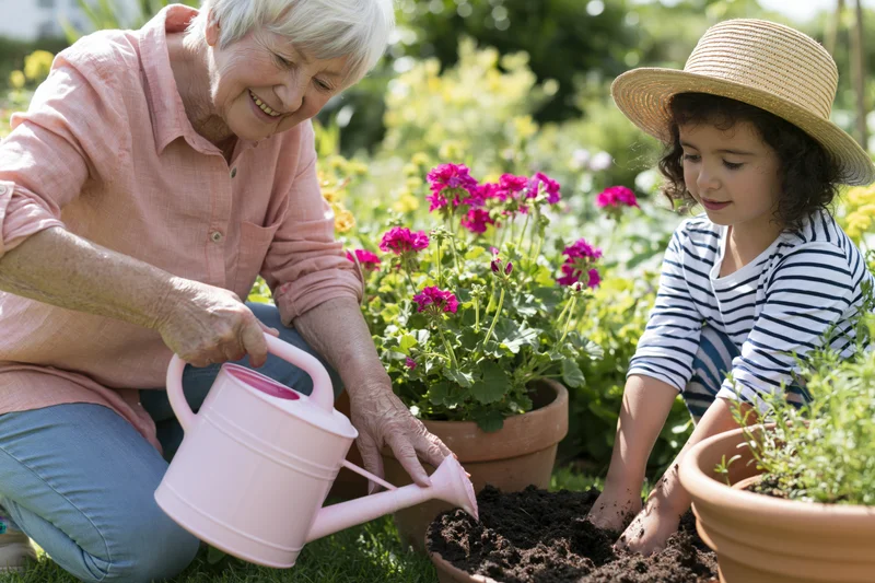 Elderly woman and young girl gardening together in a sunny outdoor garden, watering potted flowers and tending soil in terracotta pots