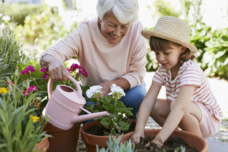 Senior woman and young girl gardening together, watering potted flowers and planting soil
