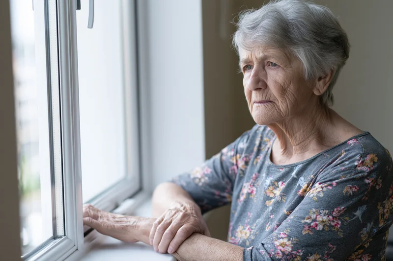Elderly woman looking out window at home