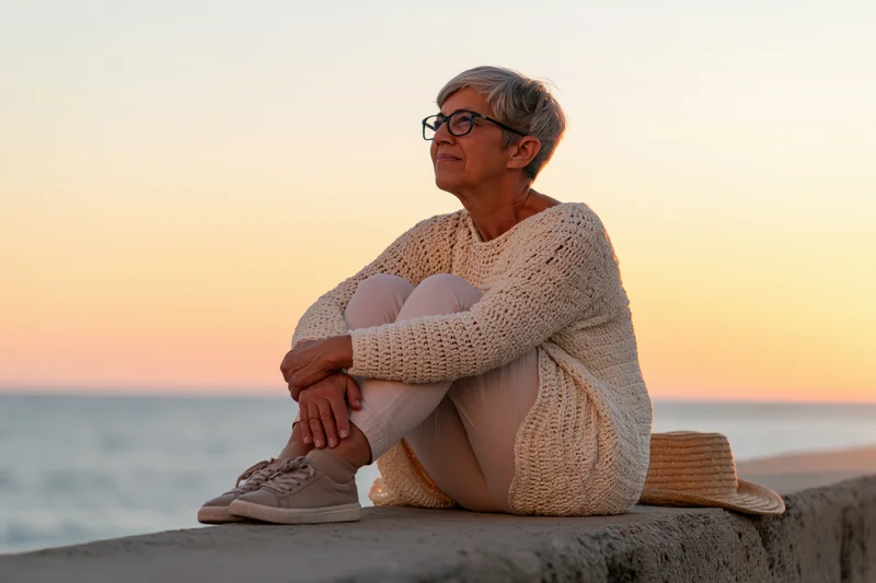 Senior woman sitting on concrete ledge by ocean at sunset, wearing knit sweater and glasses, hat beside her