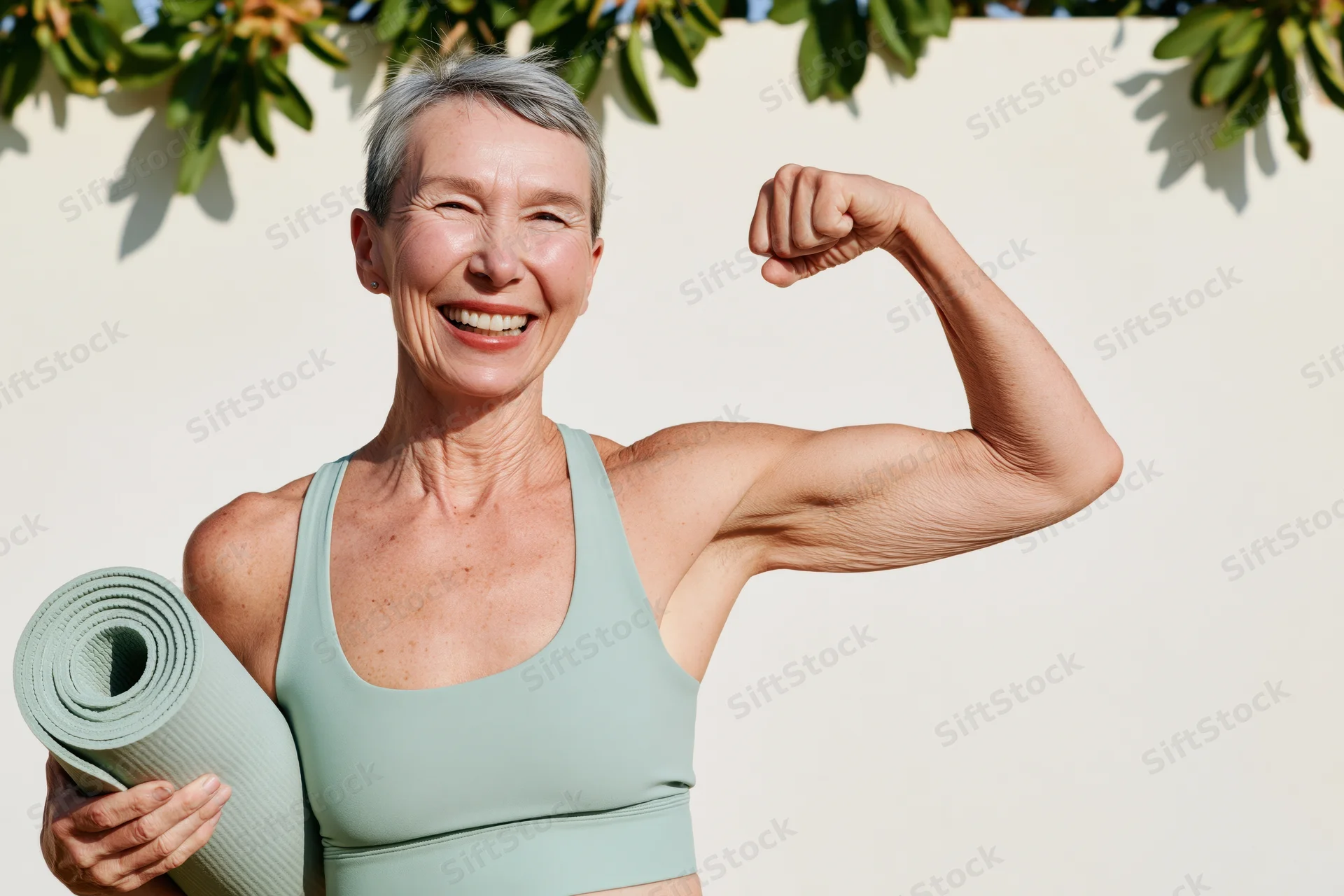Senior woman flexing bicep while holding yoga mat outdoors
