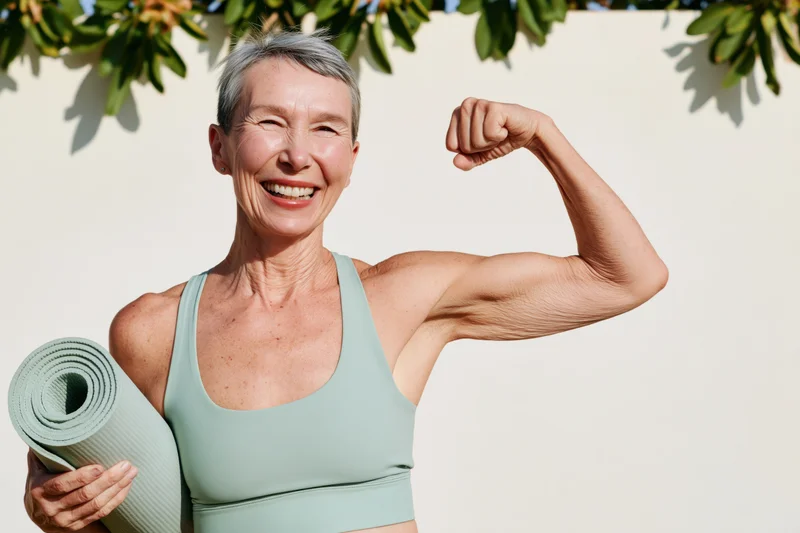 Senior woman flexing bicep while holding yoga mat outdoors