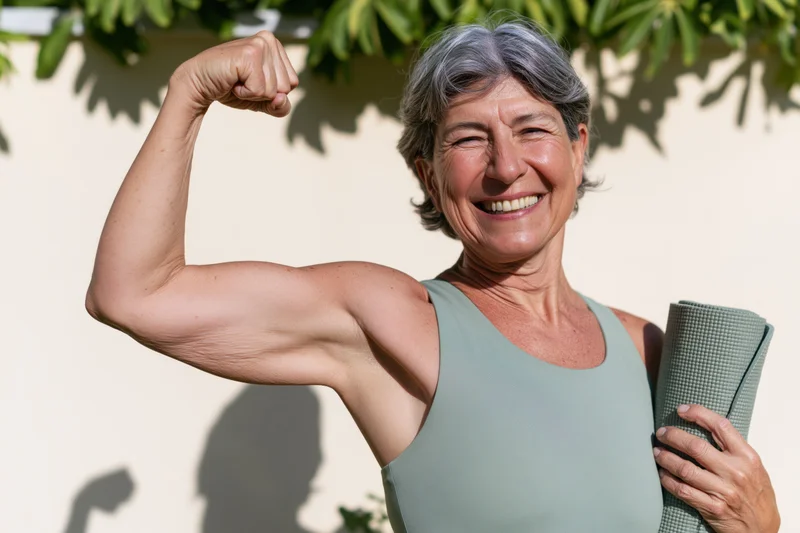 Senior woman flexing bicep while holding yoga mat outdoors