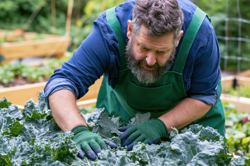 Bearded man in blue shirt and green apron tending kale in a garden bed