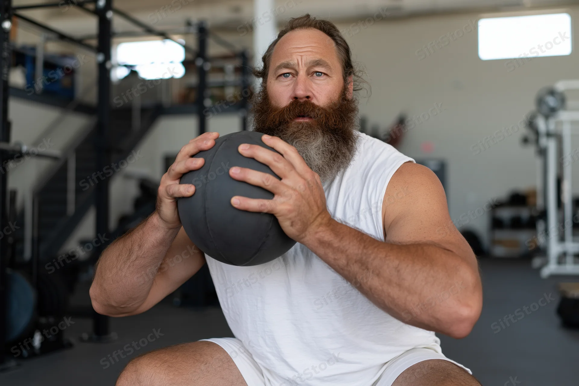 Bearded man gripping medicine ball in gym