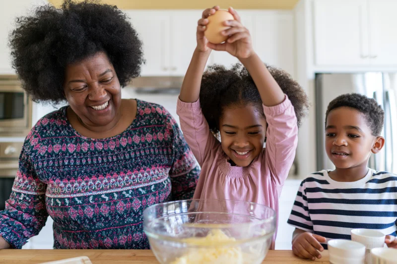 Woman and children baking together in kitchen, girl holding egg above bowl, smiling faces around counter